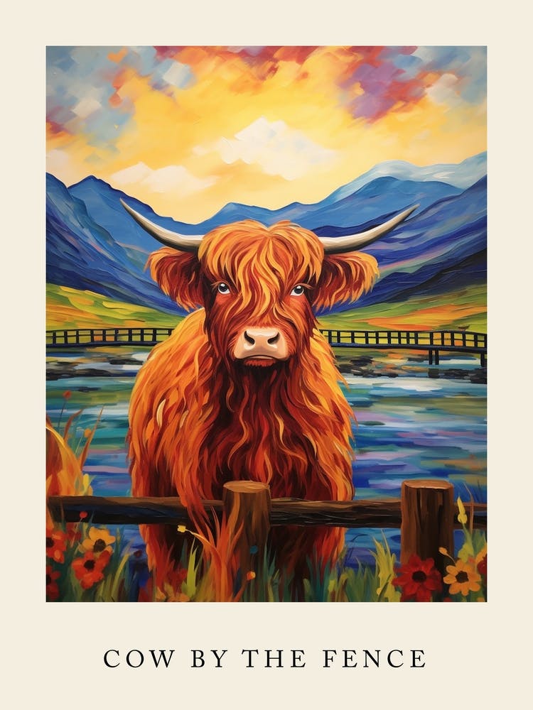 Colourful Highland Cow By The Fence