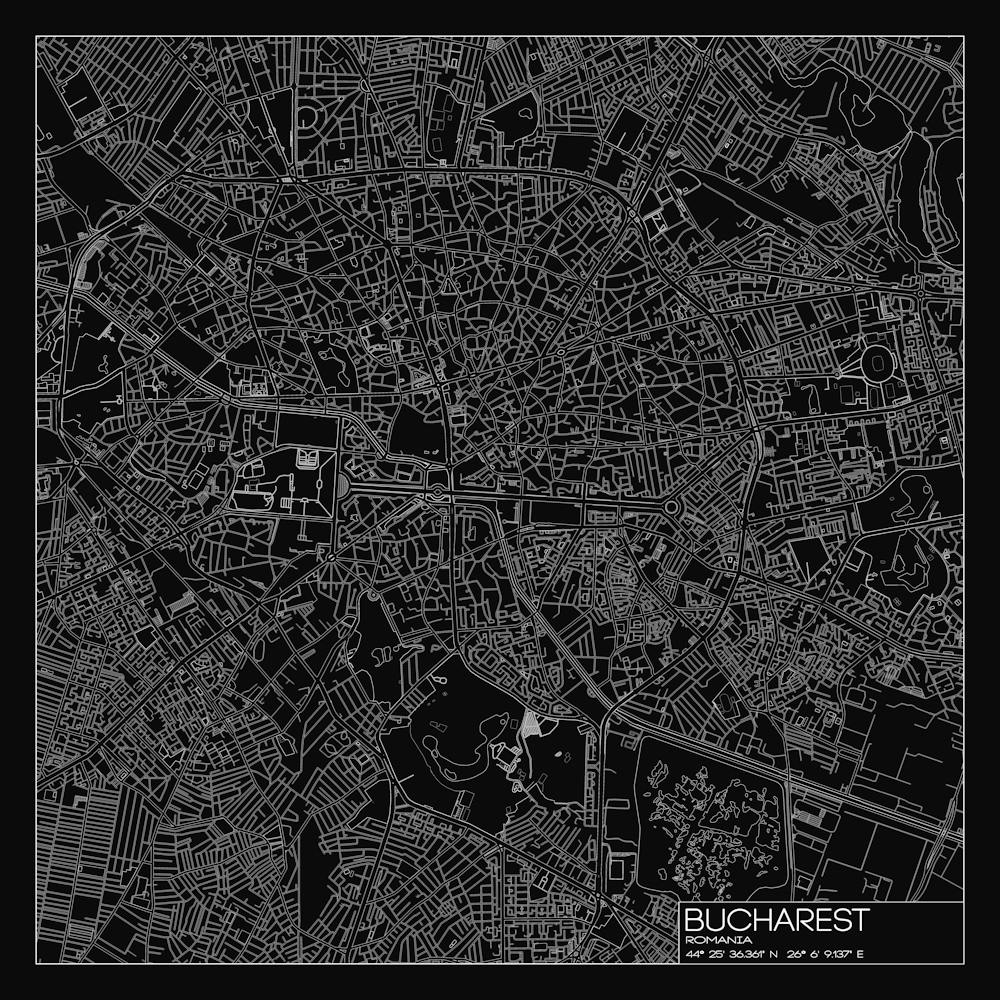 Bucharest, Romania, City Map White On Black Blueprint Design