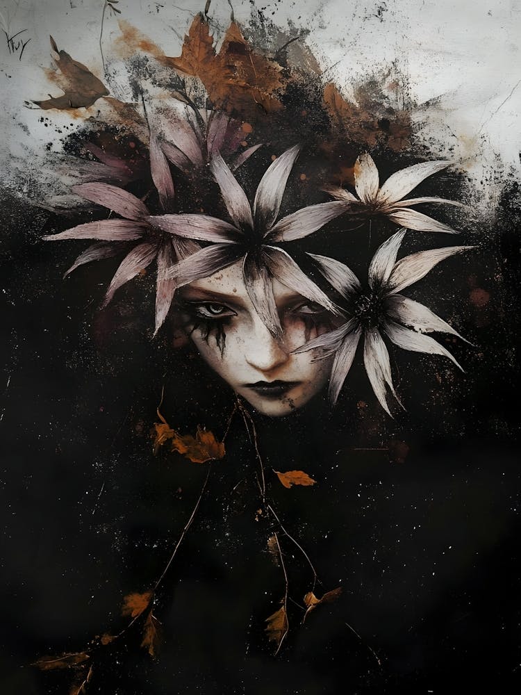 Dark Gothic Girl With Flowers On Her Head