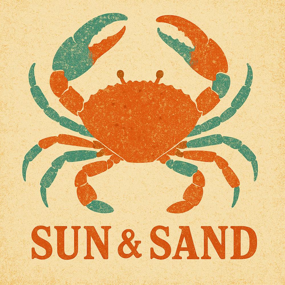 Sun And Sand Crab,beach art, Summer Art, Crab retro art