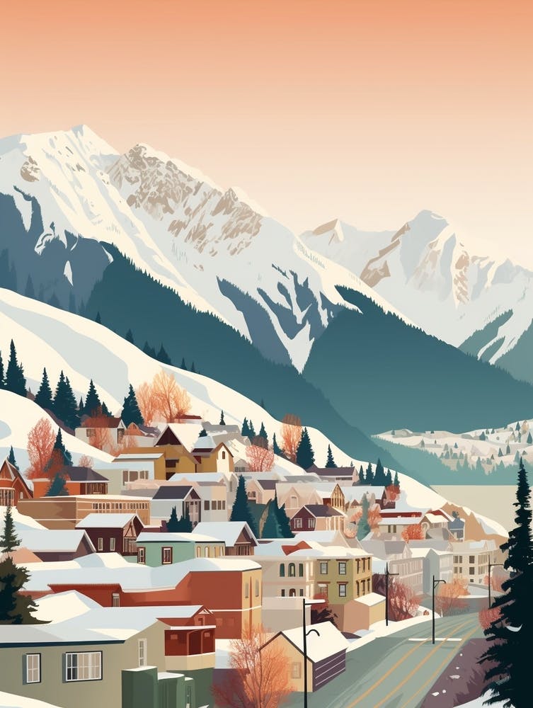 Vintage Winter Travel Illustration Queenstown New Zealand 3