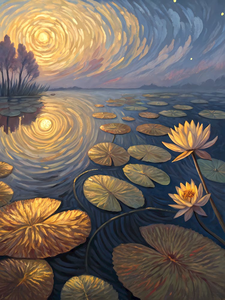Van Gogh Water Lily Dream Surreal Sunset Pond