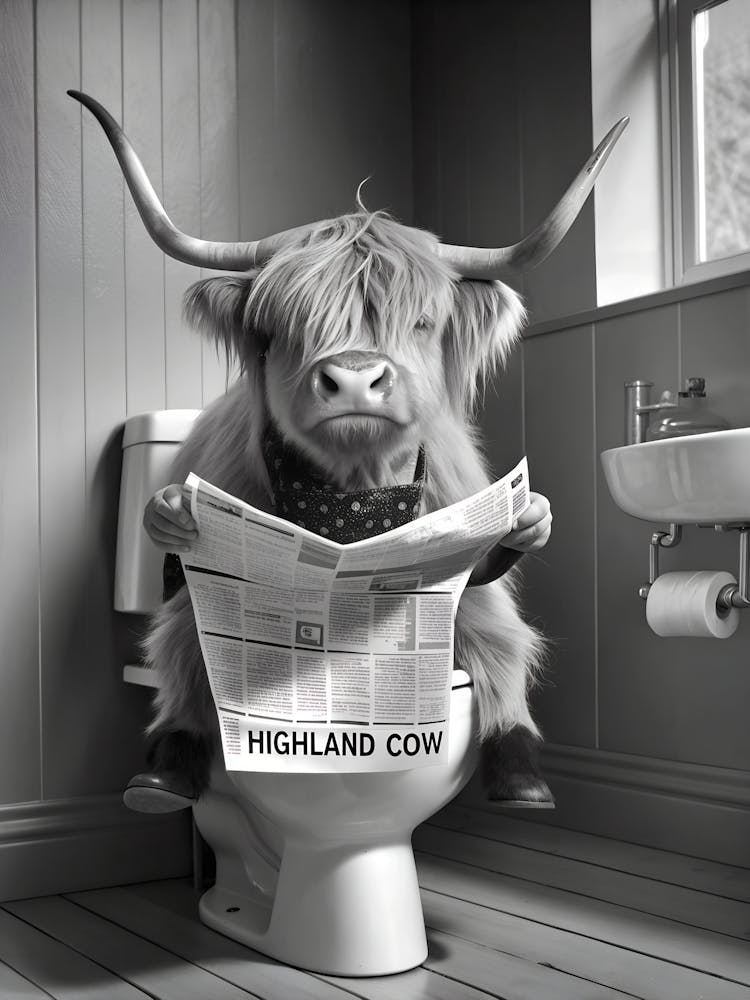 Highland Cow Sitting On Toilet Reading Newspaper