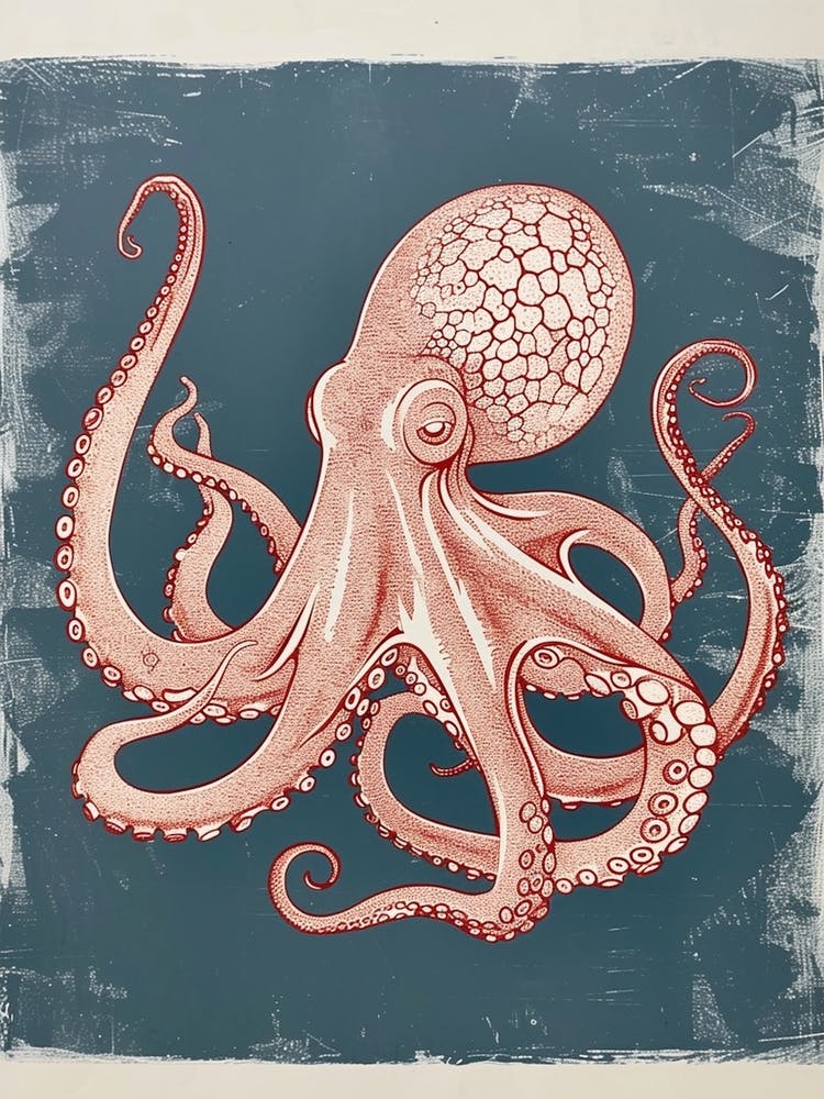 Linocut Inspired Octopus Deep In The Ocean 2