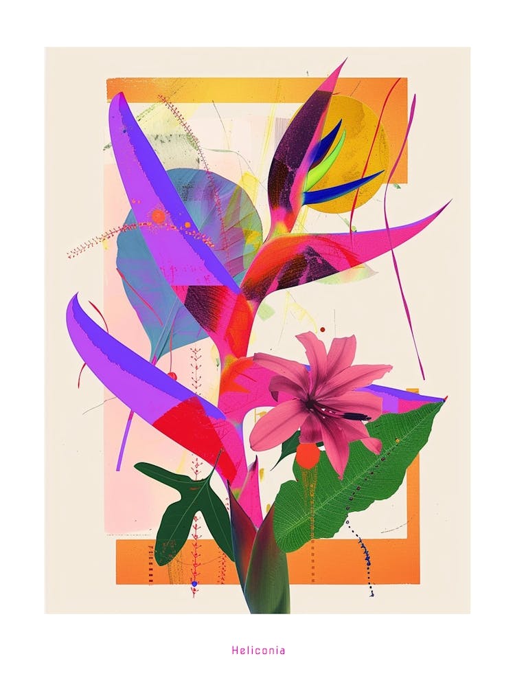 Heliconia 2 Neon Flower Collage Poster