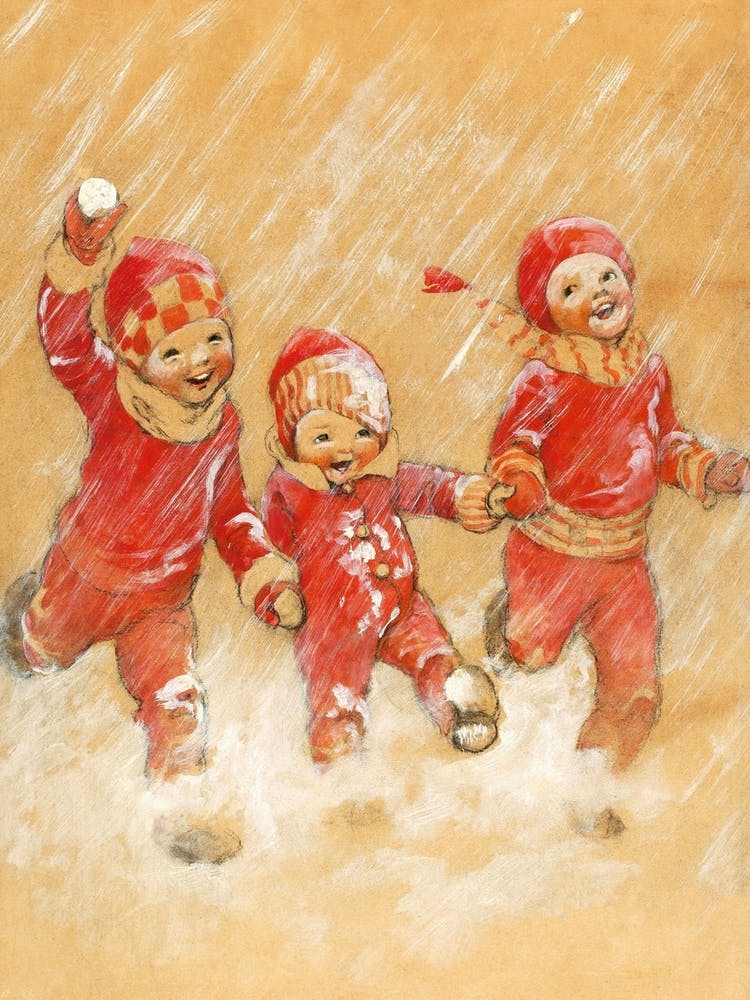 Children Playing in the Snow by Jessie Willcox Smith 1863-1965, Christmas Festive Snow art print, winter print, children in the snow | FParrishs