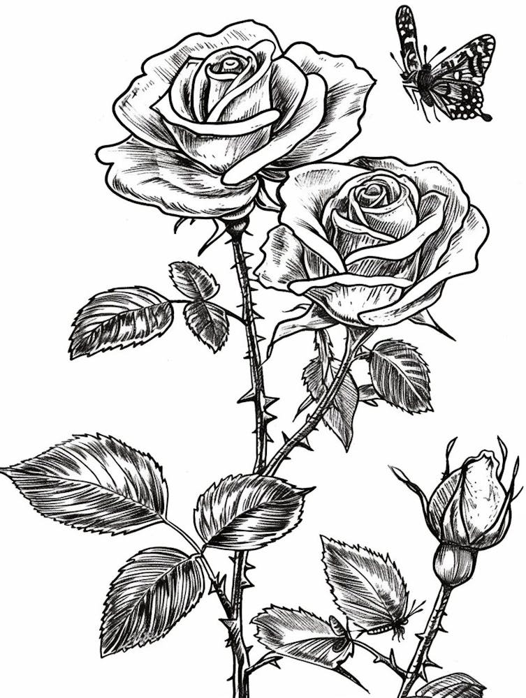 Butterfly Rose Line Drawing 3