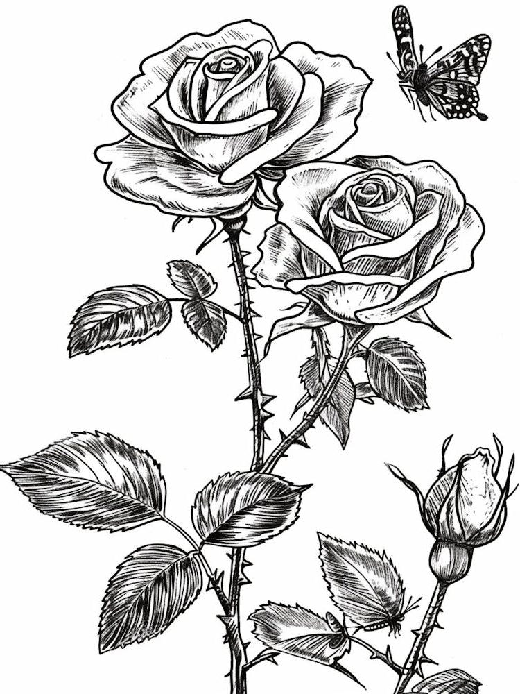 Butterfly Rose Line Drawing 3