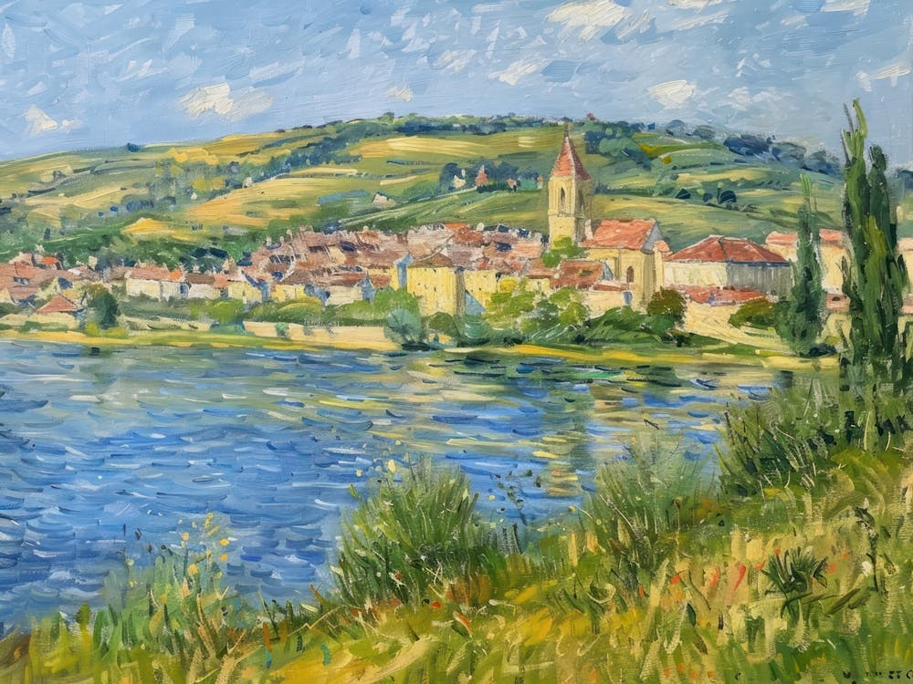 Village Lakeshore Bliss Painting Inspired By Paul Cezanne