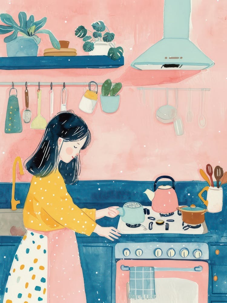 Girl Putting The Kettle On Lo Fi Kawaii Illustration 7