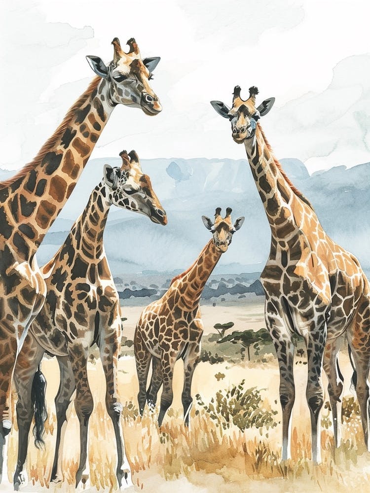 Herd Of Giraffe Earth Tone Watercolour 2