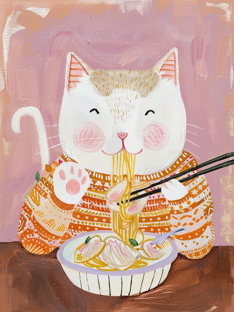 Cosy Cat Pasta Lover Folk Illustration 3