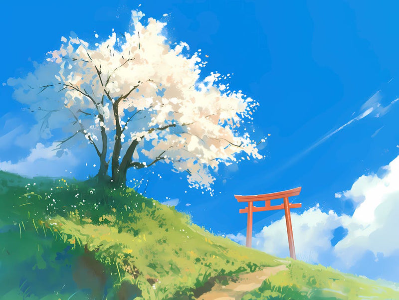 Cherry Blossom Tree And Torri Gate On Top Of The Mountain