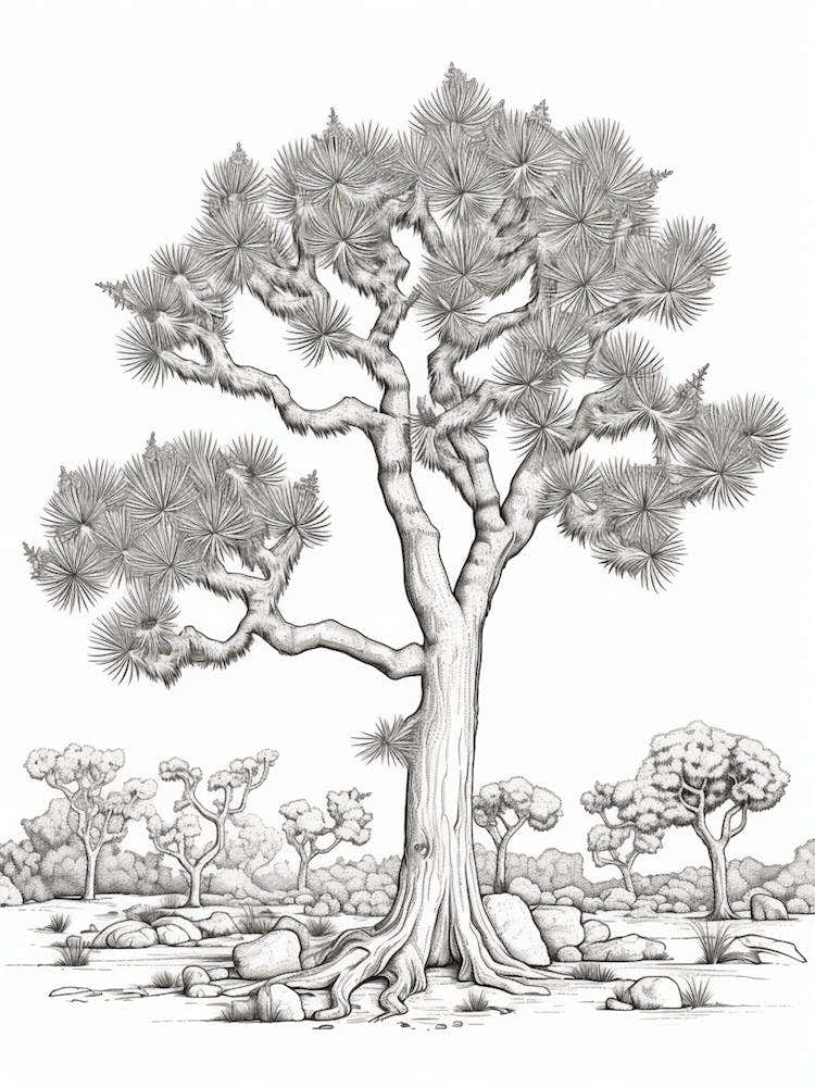 Detailed Drawing Of A Joshua Tree In The Style Of Jam 2