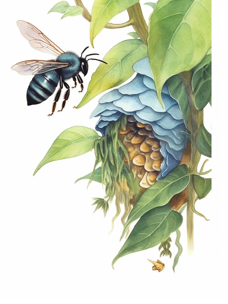 Blue Carpenter Bee Beehive Watercolour Illustration  4