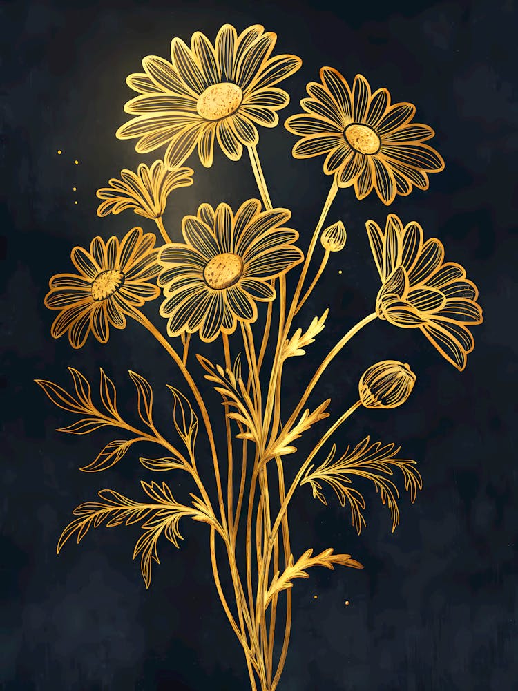Oil Painting Style Golden Outline Of Daisy Bouquet