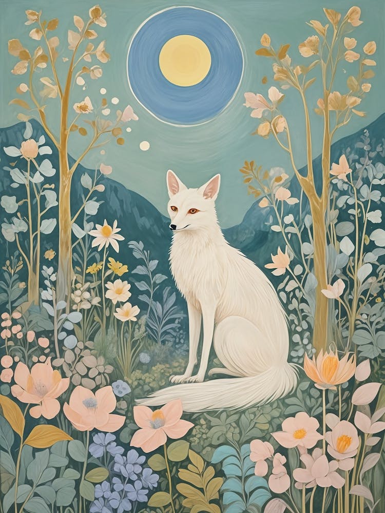 Weißer Fuchs In Den Blumen