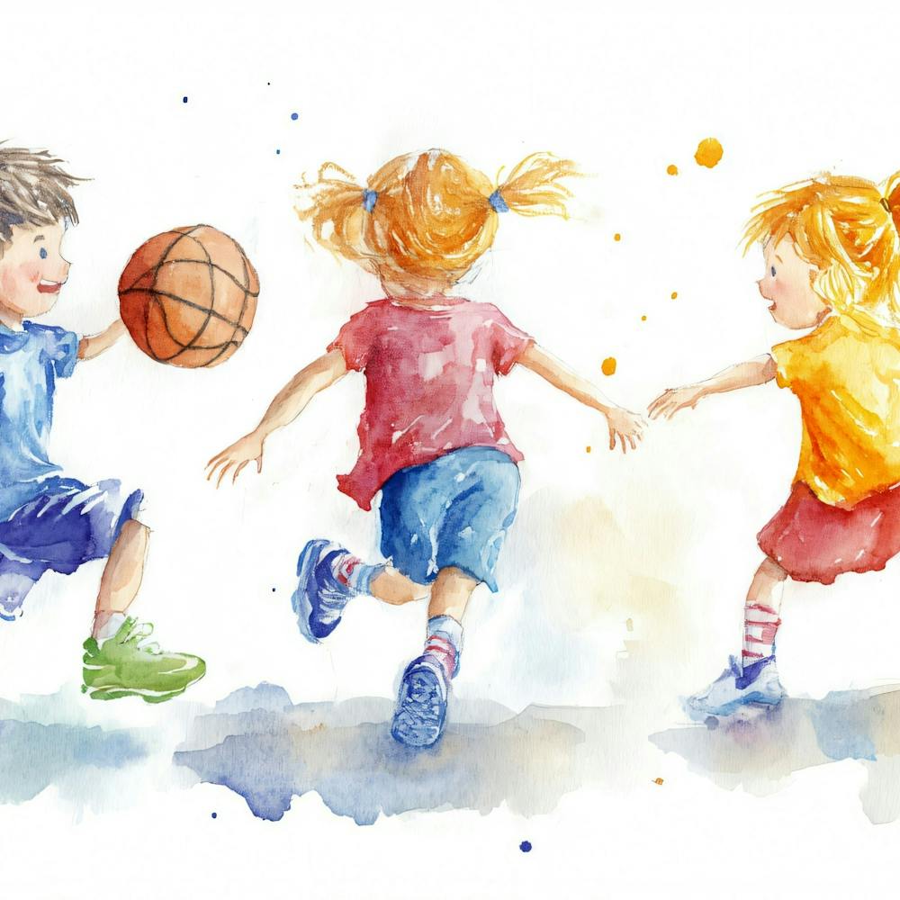 Children Playing Basketball Watercolor