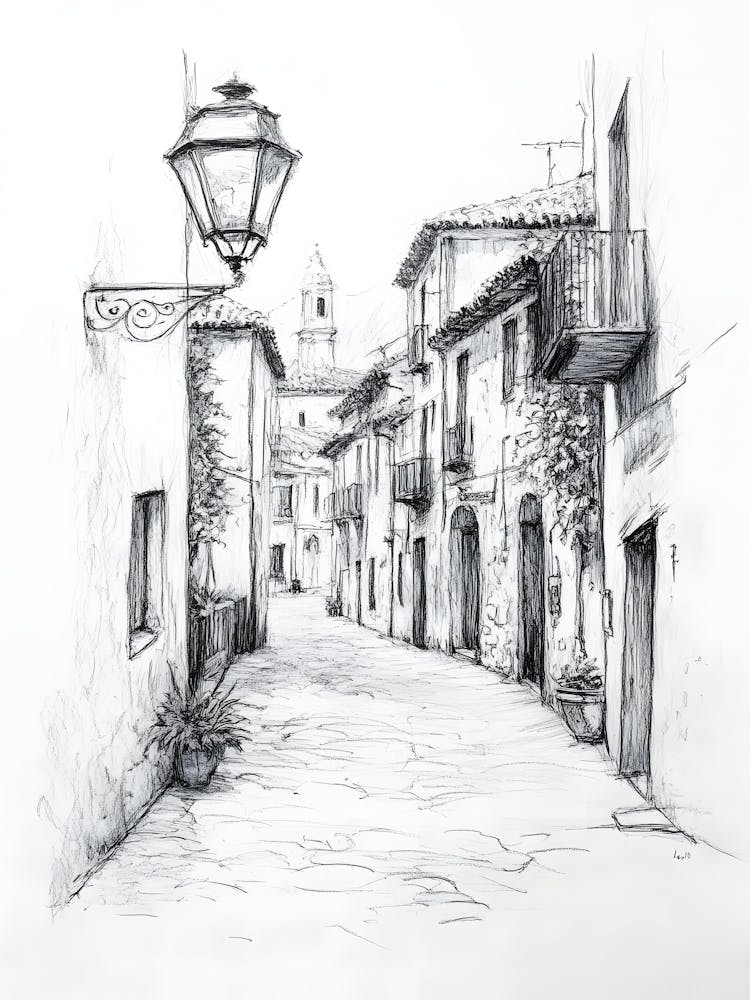 Charcoal Pencil Drawing Street In Spain