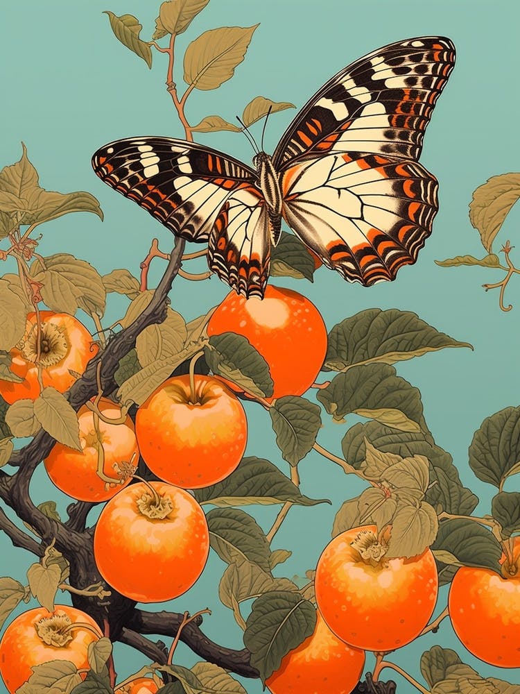 Butterfly With Fruit Japanese Style Painting 3