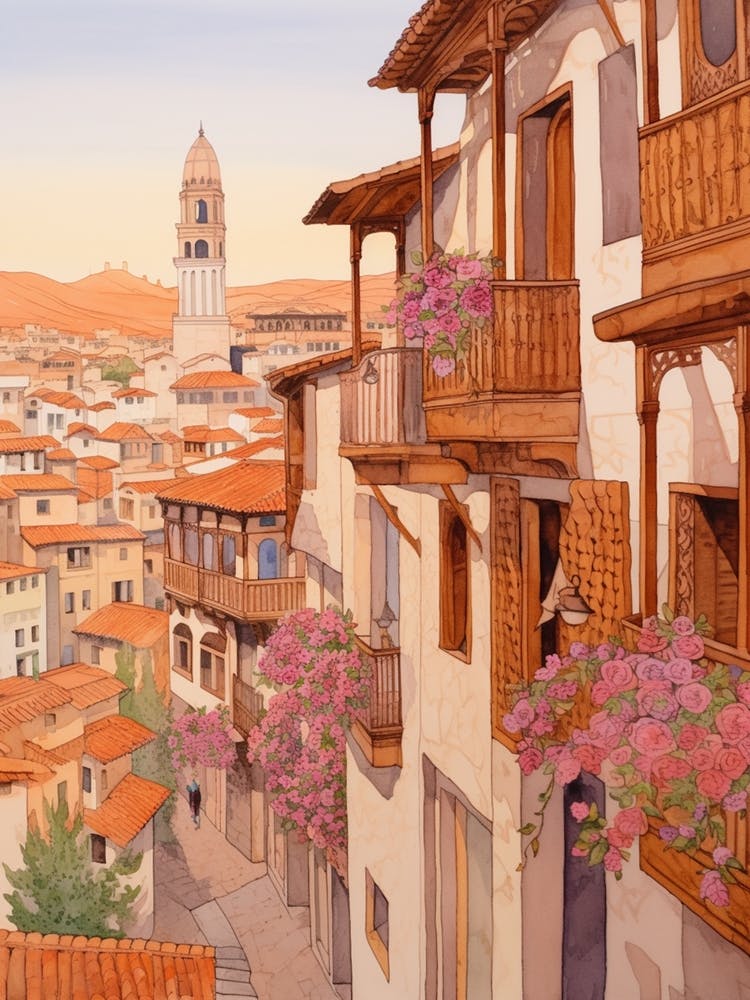 Granada Spain 5 Vintage Pink Travel Illustration