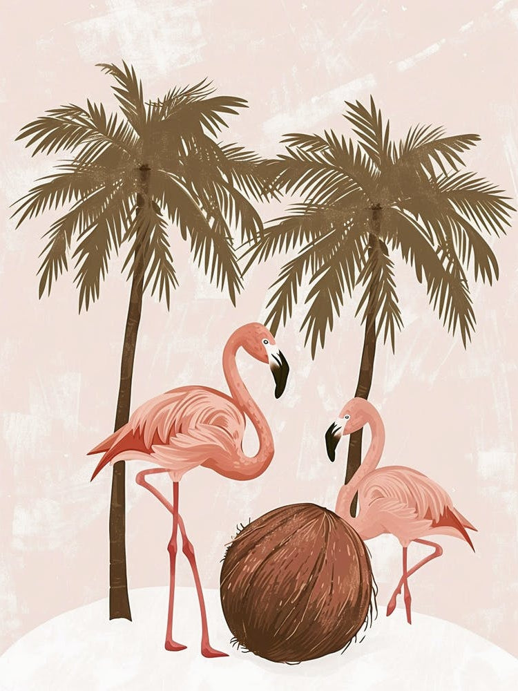 Lesser Flamingo And Coconut Trees Minimalist Illustration 1