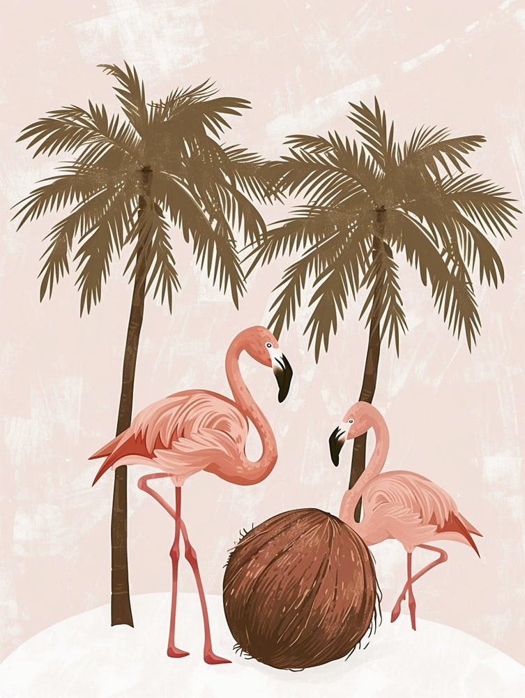 Lesser Flamingo And Coconut Trees Minimalist Illustration 1