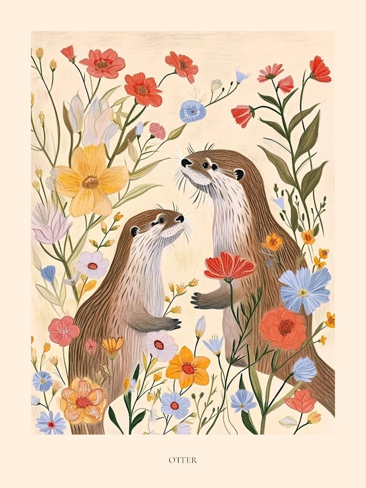Folksy Floral Animal Drawing Otter 3 Poster