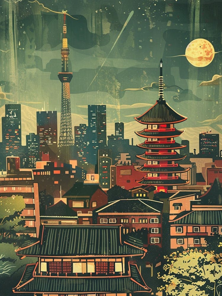 Kyoto Skyline At Night Mid Century Modern
