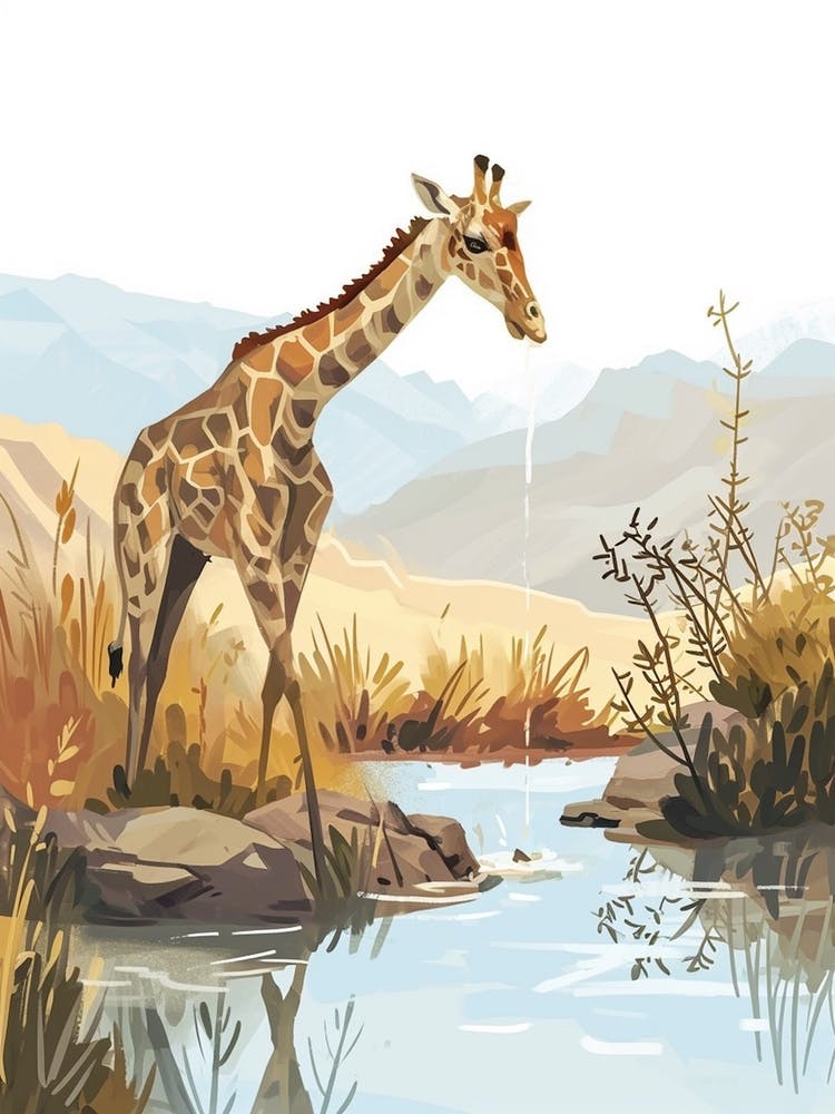 Giraffe In The Water Hole Modern Illustration 3