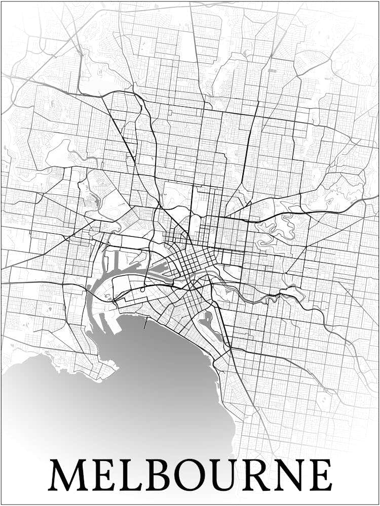 Melbourne, Victoria, Australia, City Map, Black And White Fade Design