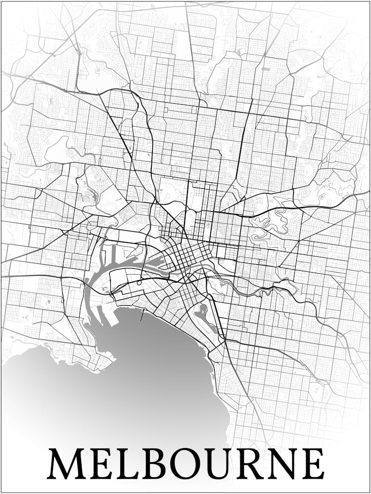 Melbourne, Victoria, Australia, City Map, Black And White Fade Design