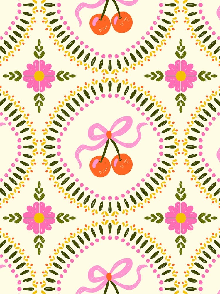 Block Print Boho Florals, Cherries, and Bows - Diamond and Circle Tile