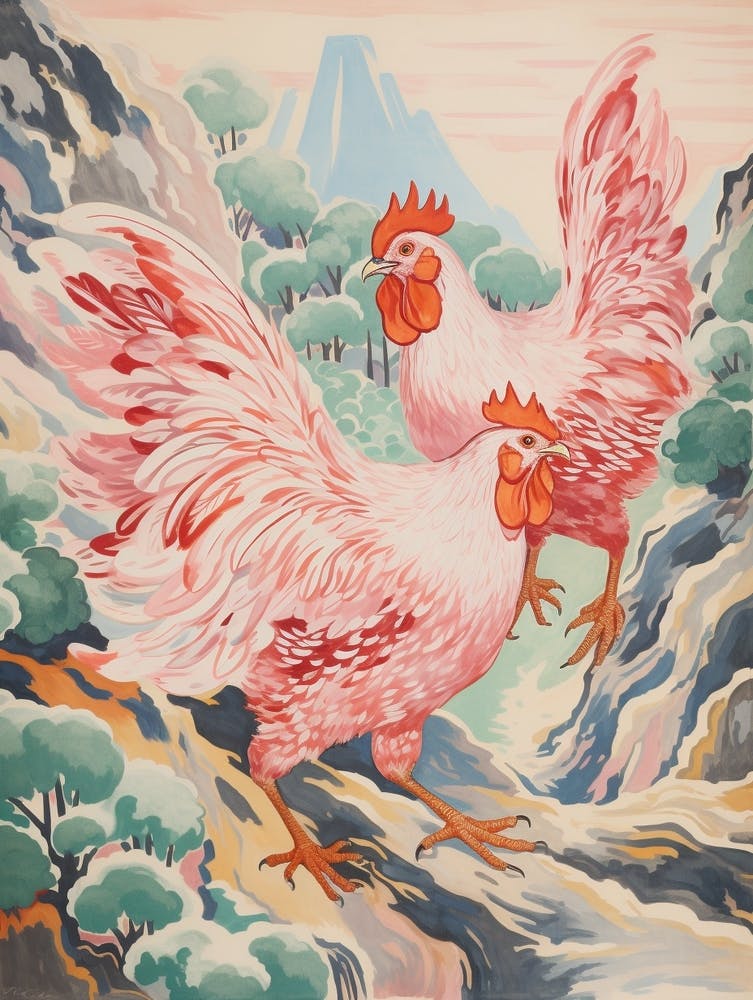 Vintage Japanese Inspired Bird Print Chicken 1