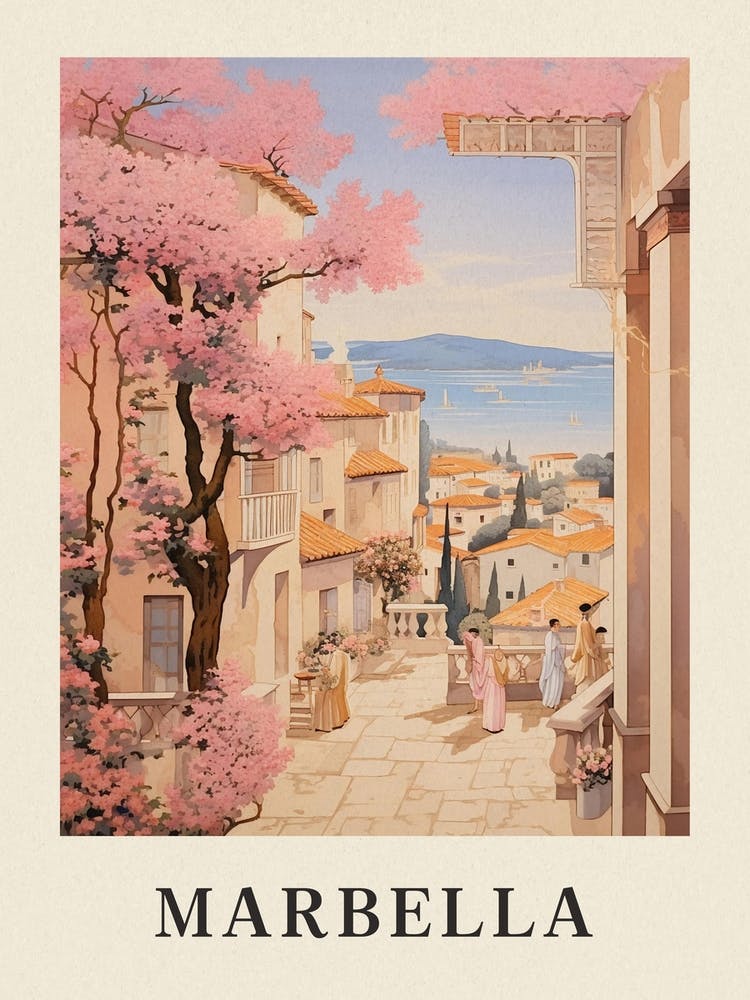 Marbella Spain 3 Vintage Pink Travel Illustration Poster