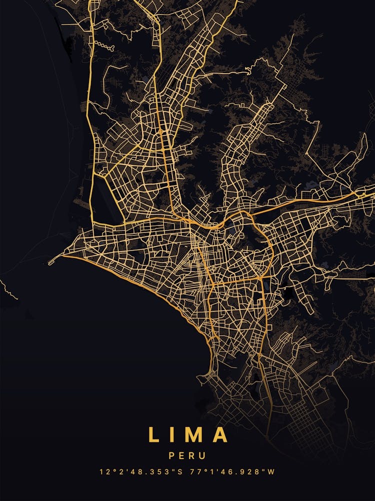 Lima Peru Black And Gold Map
