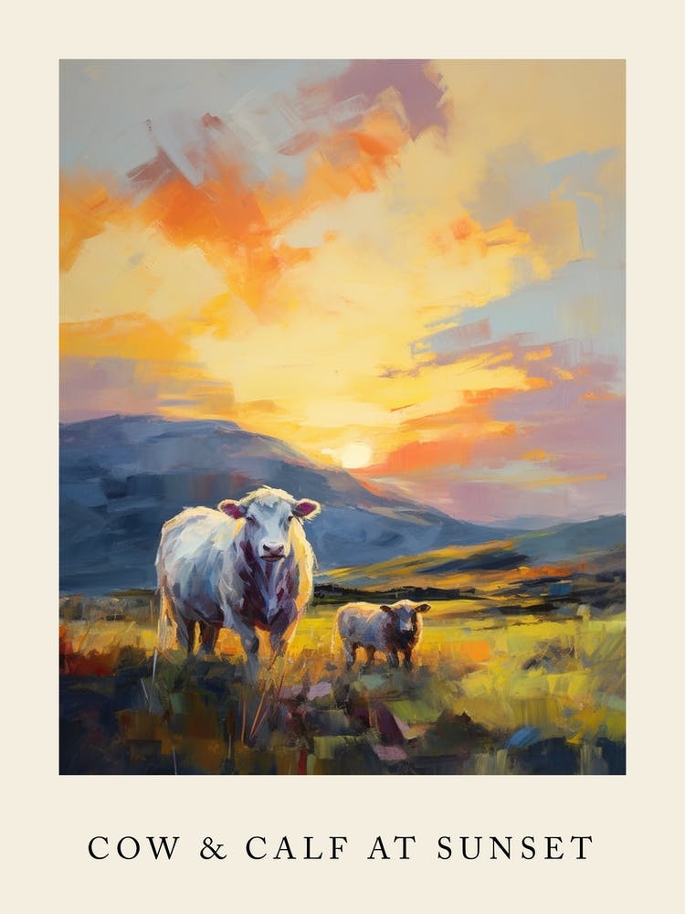 Scottish Highlands Cow & Calf At Sunset
