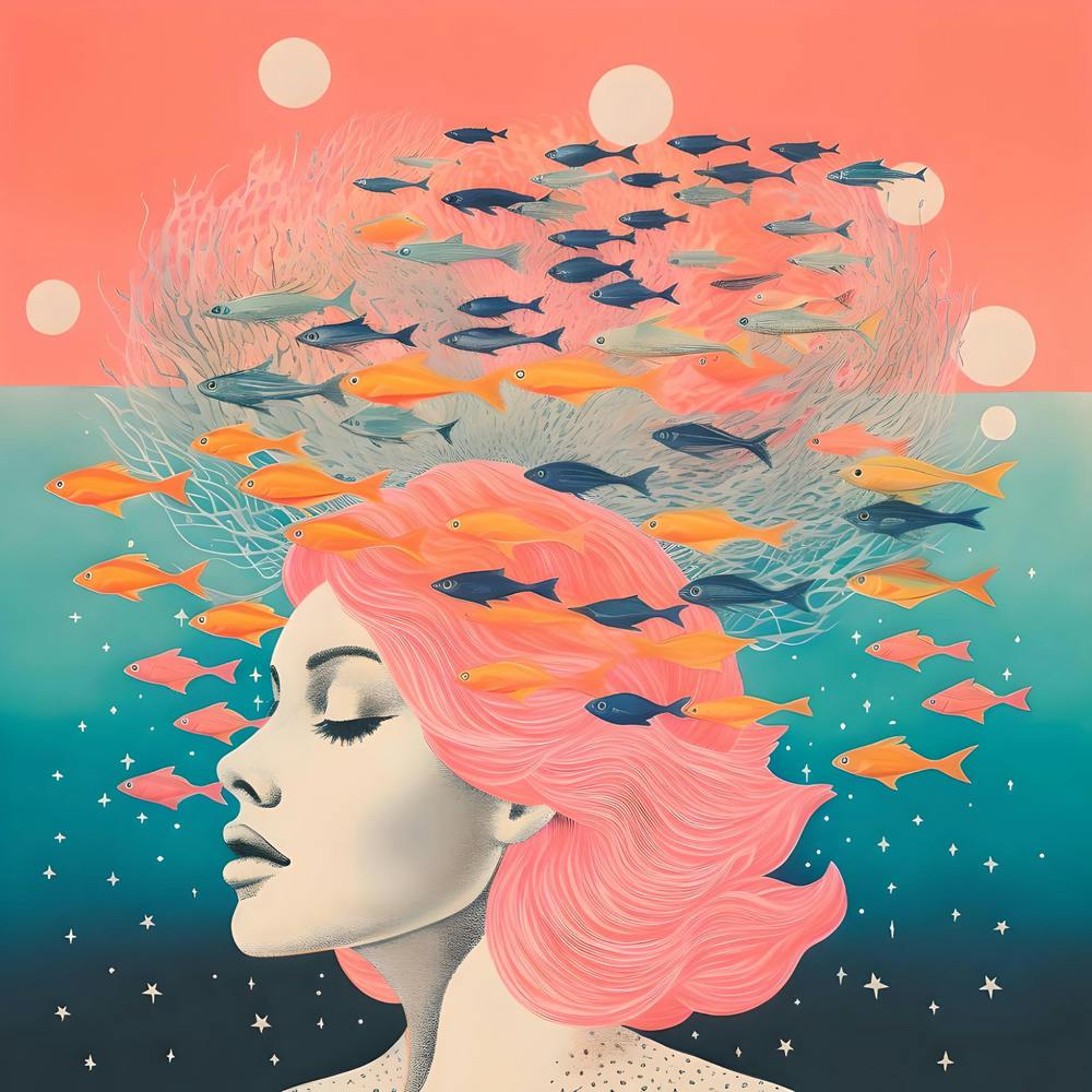 Risograph Style Surreal Woman & Fish, Candy Colours 5