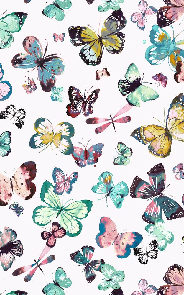 Watercolor Butterflies Pink Green