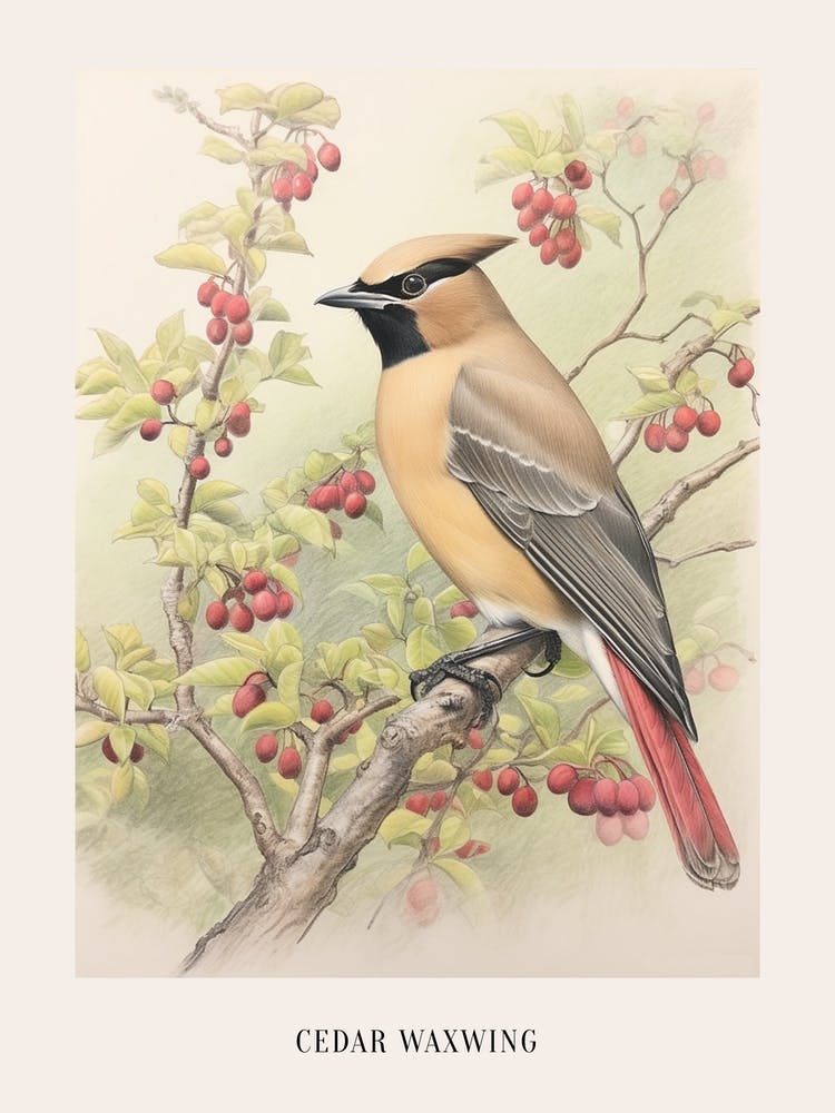 Vintage Bird Drawing Cedar Waxwing 1 Poster
