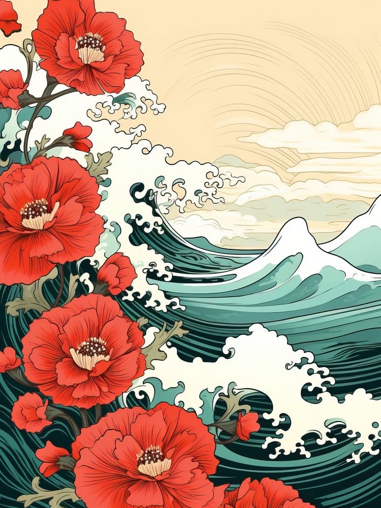 Große Welle mit Mohnblumenzeichnung im Ukiyo-e-Stil 4
