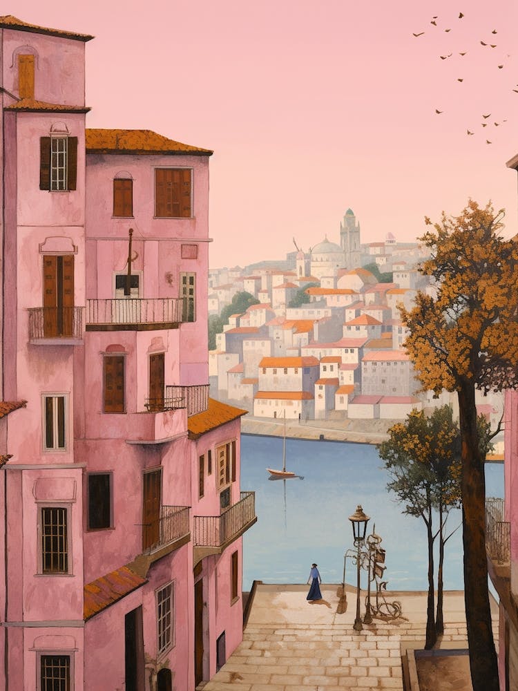 Porto Portugal 1 Vintage Pink Travel Illustration
