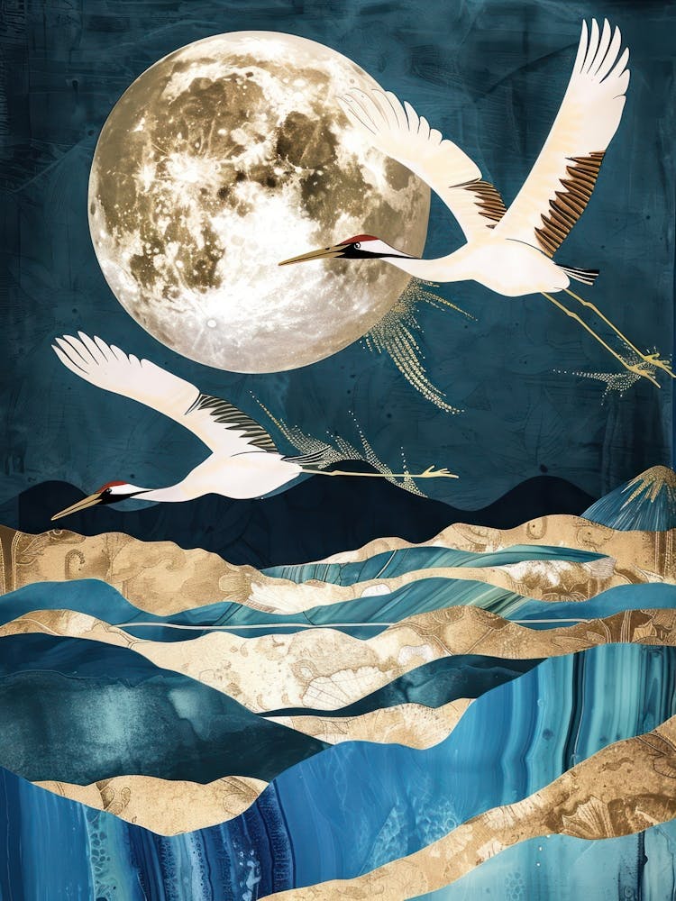 Cranes Flying Gold Blue Effect Collage 1