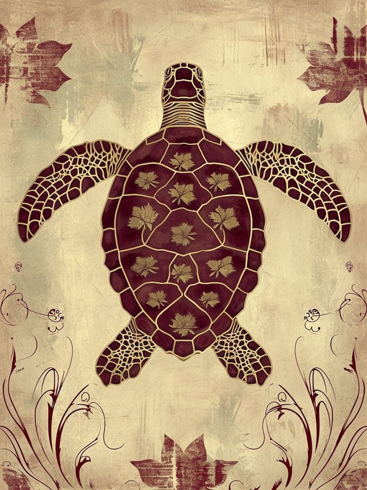 Maroon Art Deco Sea Turtle 2