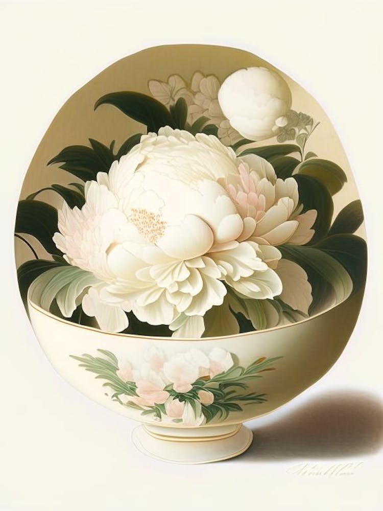 Bowl Of Beauty Peonies White Vintage Sketch