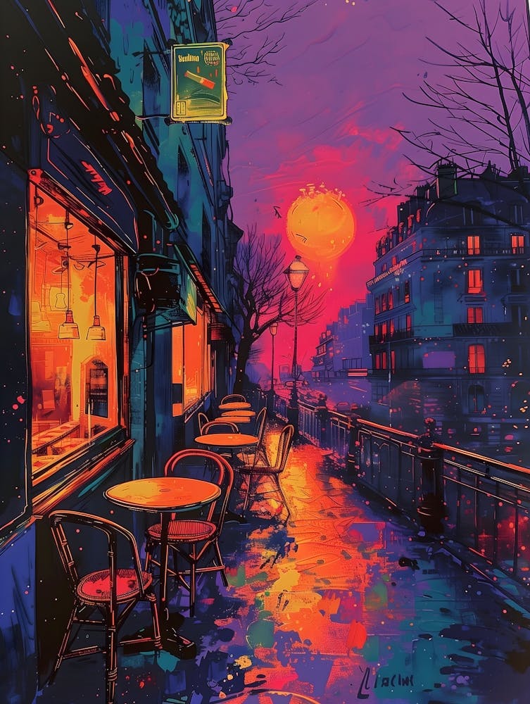 Paris bei Sonnenuntergang, Lebendig, Kräftige Farben, Pop Art