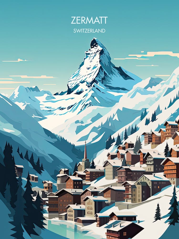 Poster Of Zermatt   Switzerland, Ski Resort Illustration 3