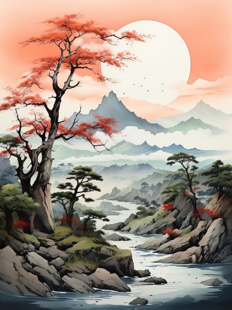 Chugoku Mountains In Multiple Prefectures, Japanese Brush Painting, Ukiyo E, Minimal 1