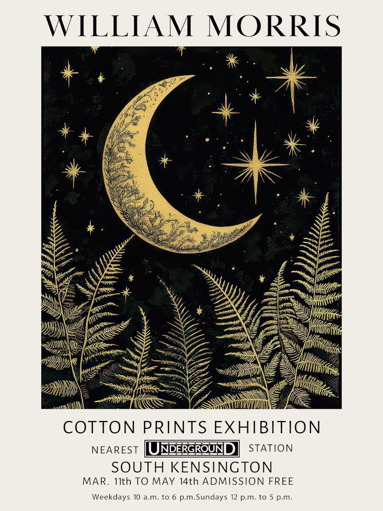 William Morris Moon Stars And Ferns Plants Vintage Exhibition