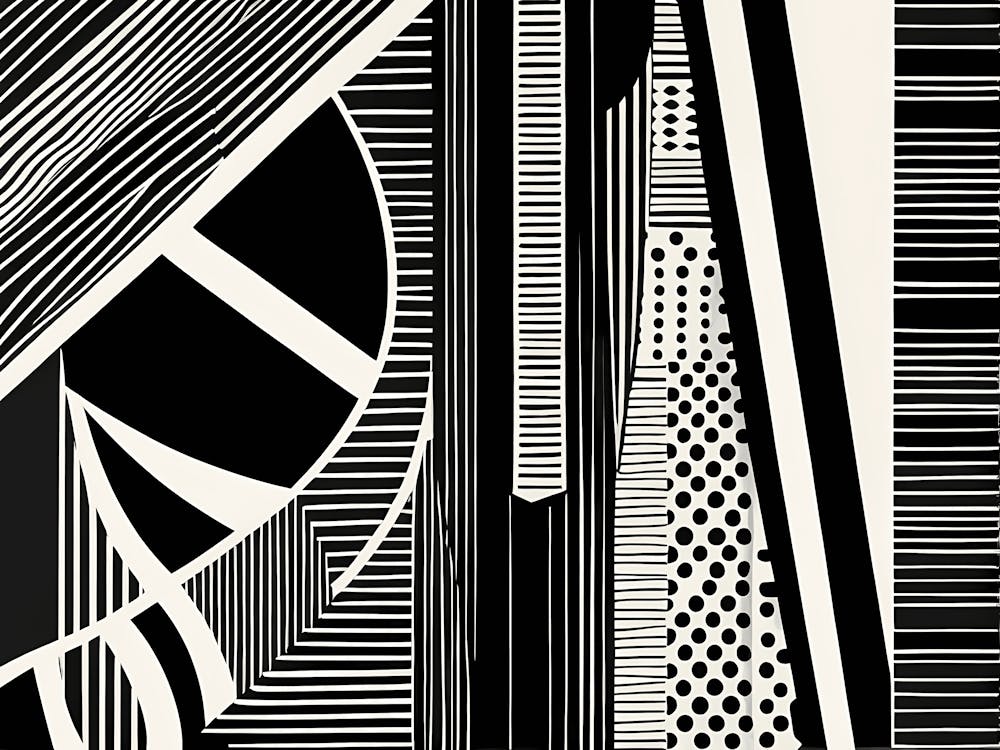 Retro Inspired Linocut Abstract Shapes Black And White Colors art, 203